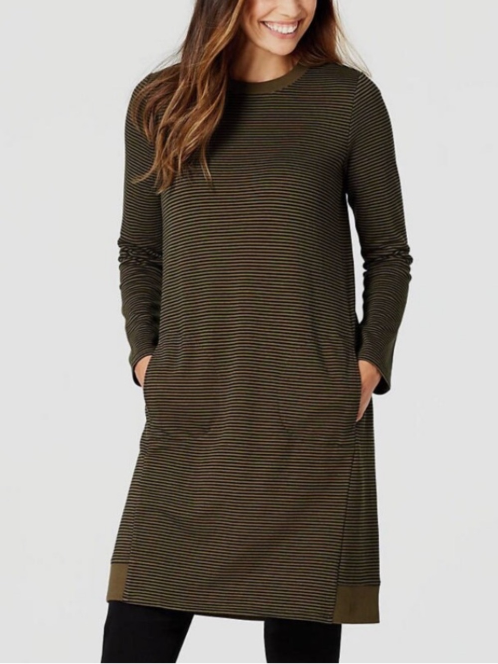 J. Jill Striped Long Sleeve Knit Dress — Olive & Black Cotton/Modal blend Sz L